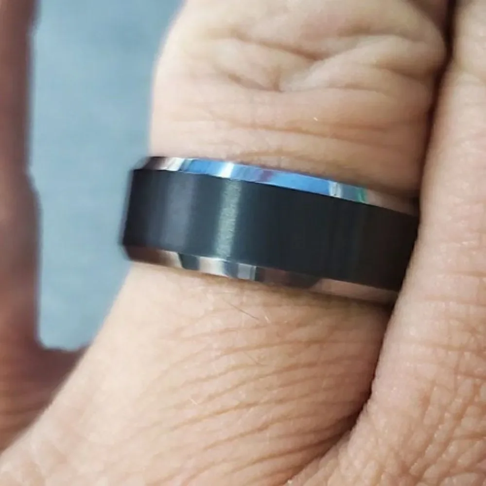 Personalized Men's Black and silver Tungsten Wedding Ring Band - Silver Edges